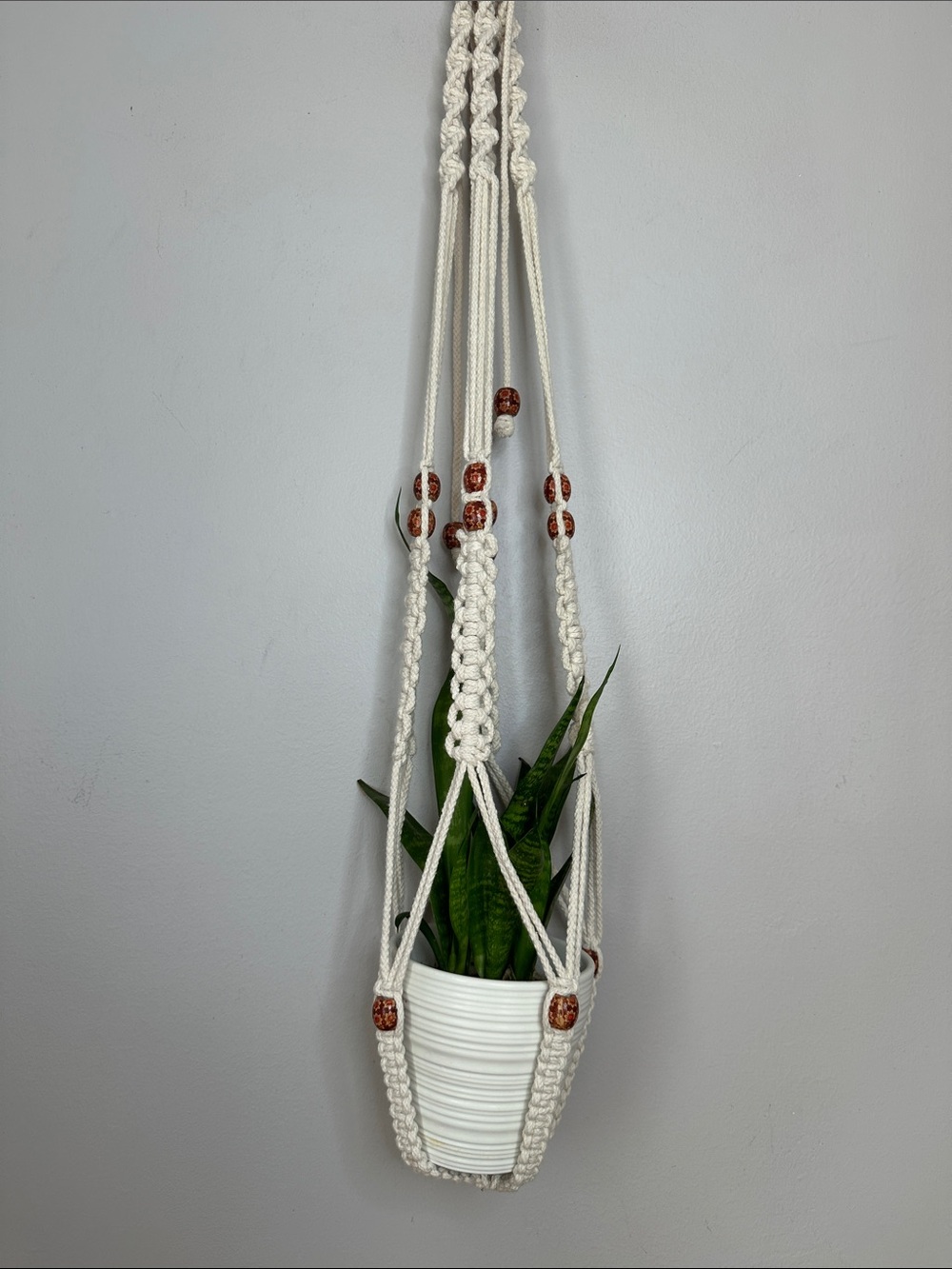 Cream Macramé Plant Hanger with Wooden Beads -